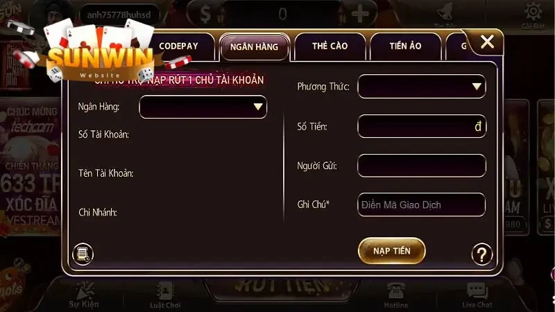 Nạp tiền Sunwin bằng tài khoản ngân hàng